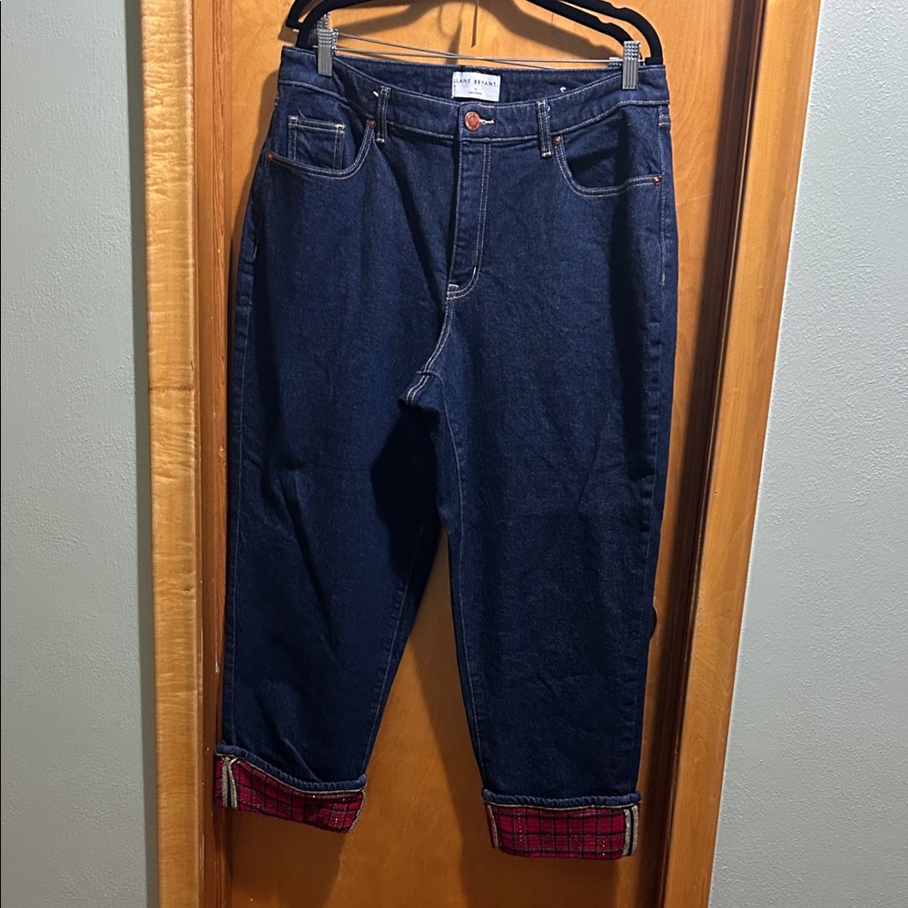 Lane Bryant Dark Blue Cropped Jeans with Red Plaid Cuffs